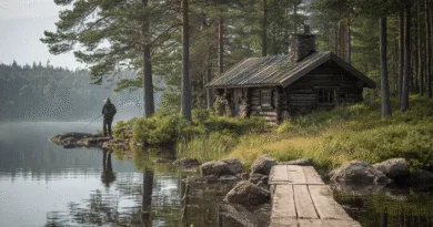 Midcent: En medelålders man fiskar vid en idyllisk sjö bredvid en rustik timmerstuga i en naturskön skogsmiljö. Perfekt för avkoppling och naturupplevelser i lugn och ro. Kategori: Resa.