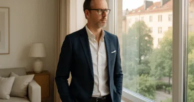 En medelålders man står vid ett fönster i en elegant kavaj, tittar tankfullt ut över staden. Interiören ger en känsla av stil och lugn. Midcent Ekonomi.