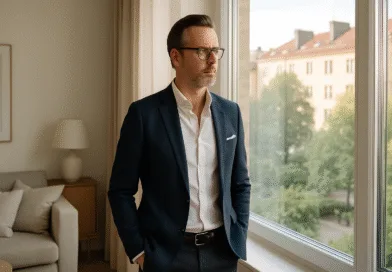 En medelålders man står vid ett fönster i en elegant kavaj, tittar tankfullt ut över staden. Interiören ger en känsla av stil och lugn. Midcent Ekonomi.