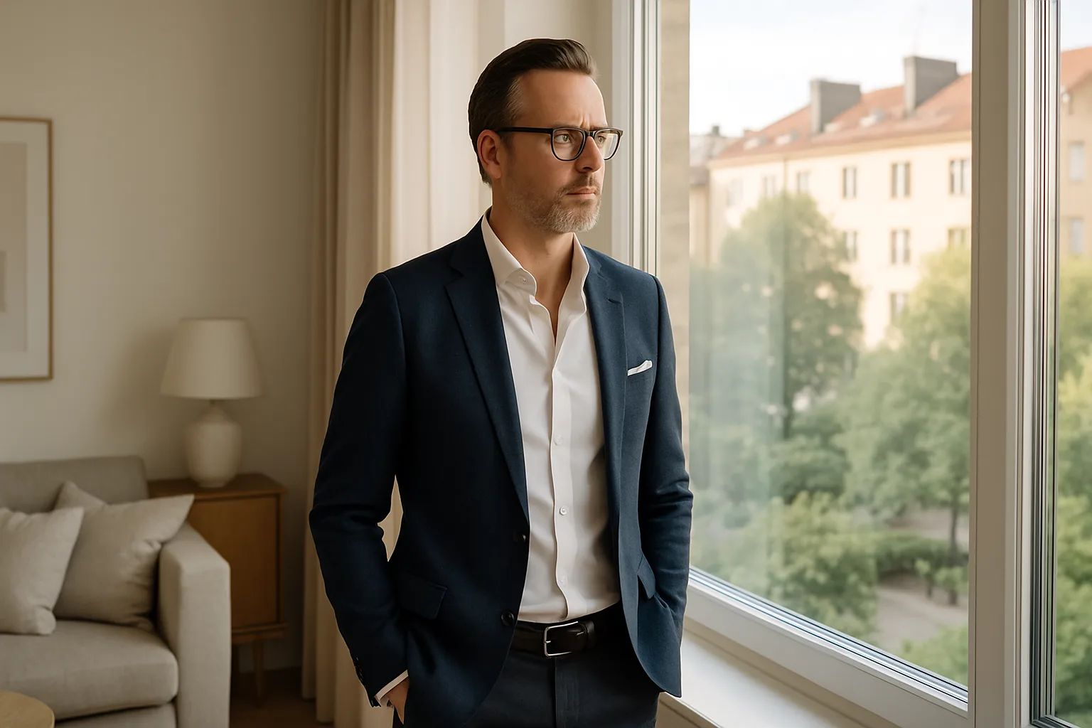 En medelålders man står vid ett fönster i en elegant kavaj, tittar tankfullt ut över staden. Interiören ger en känsla av stil och lugn. Midcent Ekonomi.