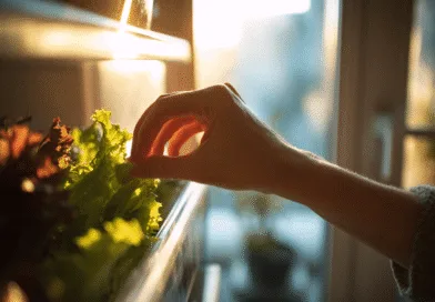Midcent erbjuder en inspirerande insyn i en hälsosam livsstil. En hand plockar färska grönsaker i soligt kök, vilket symboliserar näringsmedvetenhet och hållbarhet. Mat.
