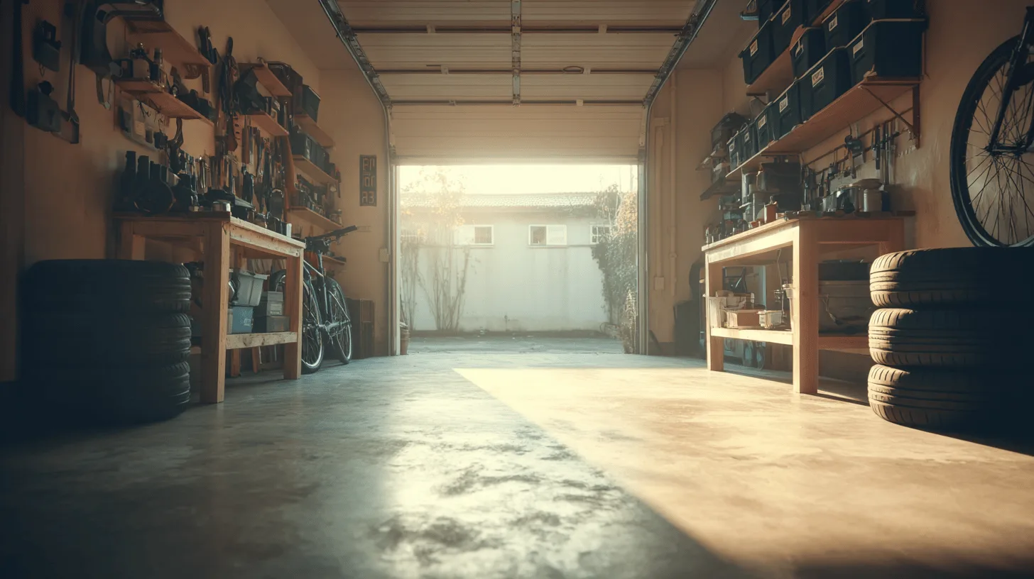 Midcent: En välorganiserad garageverkstad med arbetsbänkar, hyllor och verktyg. Däckstaplar och en cykel kompletterar utrymmet i det solbelysta garaget. Perfekt för gör-det-själv-projekt. Kategori: Teknik.