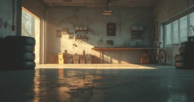 Midcent: En stilren och välorganiserad garageverkstad med staplade däck, cykel och verktyg. Perfekt för bilentusiaster och hobbyprojekt. Solens strålar skapar en inbjudande atmosfär genom fönstren. Kategori: Teknik.