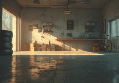 Midcent: En stilren och välorganiserad garageverkstad med staplade däck, cykel och verktyg. Perfekt för bilentusiaster och hobbyprojekt. Solens strålar skapar en inbjudande atmosfär genom fönstren. Kategori: Teknik.