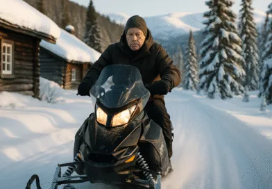 Midcent: En medelålders man kör snöskoter genom ett vackert vinterlandskap med snötäckta träd och stugor. Perfekt för äventyr och naturupplevelser i kylan. Kategori: Resa.