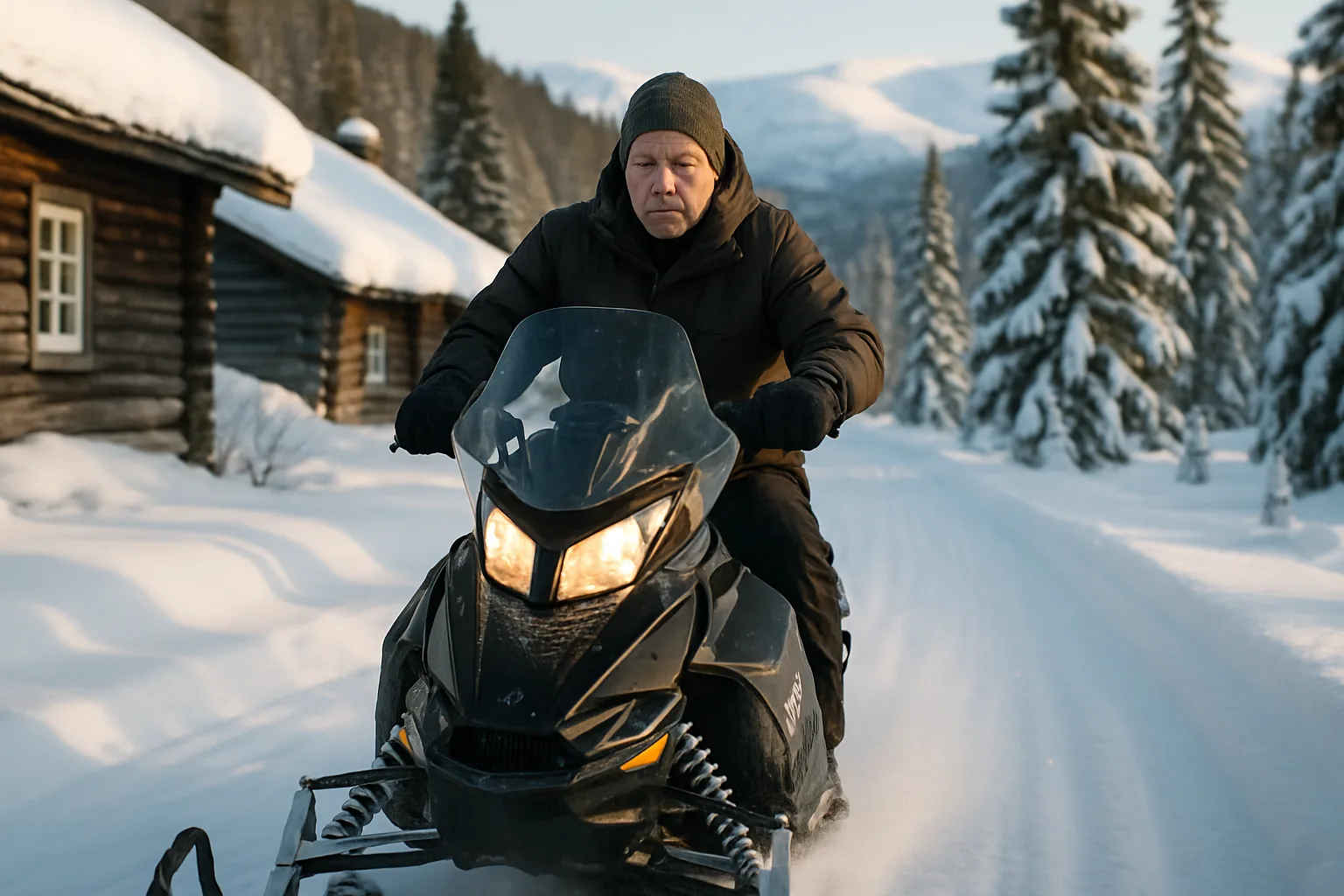 Midcent: En medelålders man kör snöskoter genom ett vackert vinterlandskap med snötäckta träd och stugor. Perfekt för äventyr och naturupplevelser i kylan. Kategori: Resa.