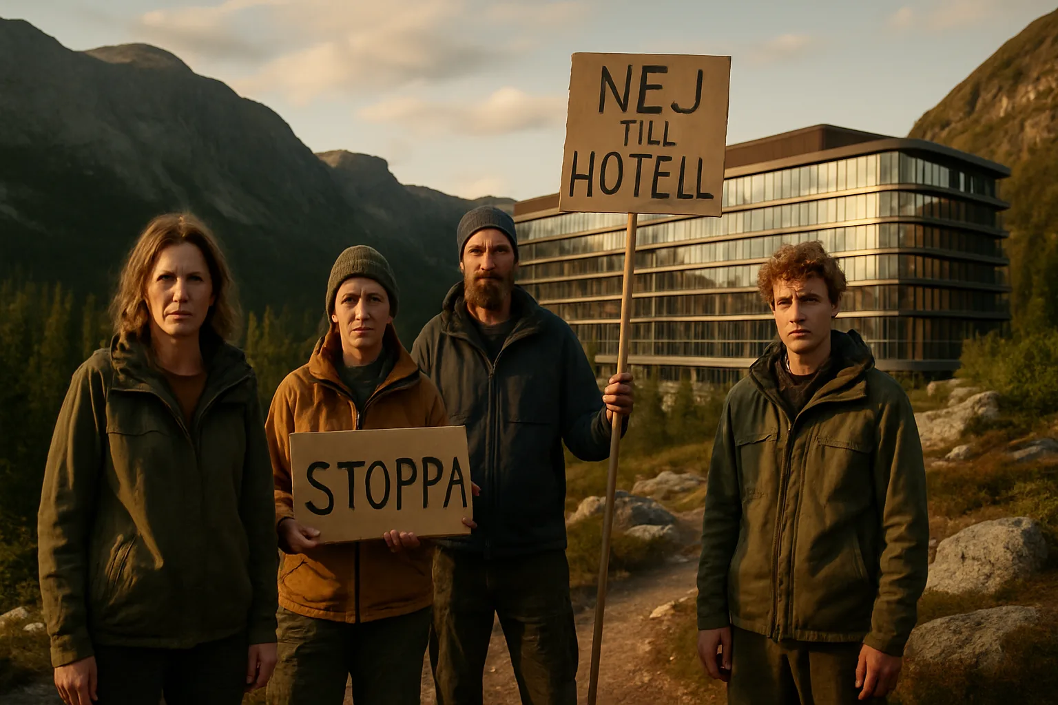 Midcent: Fyra personer protesterar mot ny hotellbyggnad i bergsmiljö. Skyltar med budskapet NEJ TILL HOTELL och STOPPA speglar lokalt motstånd mot turistexpansion. Dramatisk bakgrund med moderna arkitekturlinjer mot natur. Kategori: