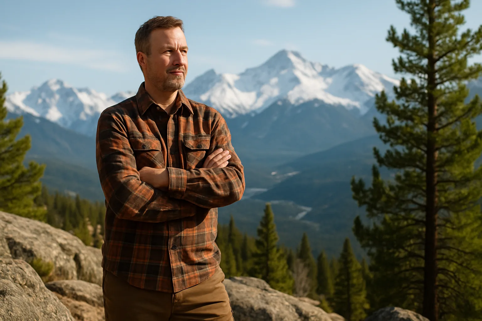 Midcent: En medelålders man står på en klippa med snötäckta berg i bakgrunden, iförd flanellskjorta och med armarna i kors. En bild av självreflektion och naturnärhet. Kategori: Resa.