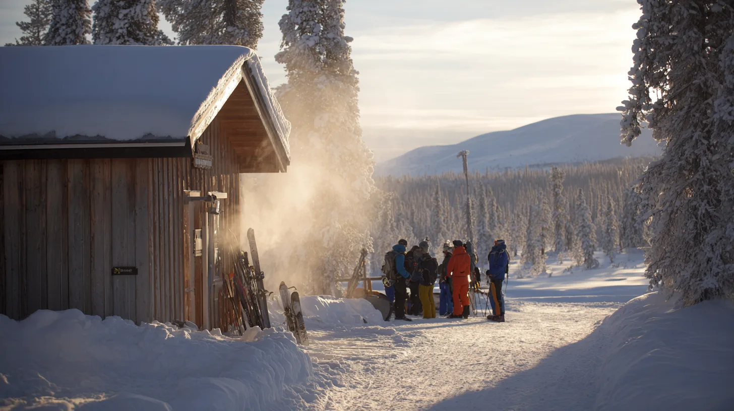 Midcent: En grupp människor njuter av en solig vinterdag vid en fjällstuga. Snötäckta träd och fjälllandskap skapar en