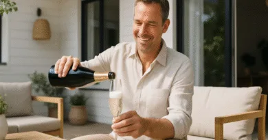 Midcent: En medelålders man i avslappnad miljö häller champagne i ett glas på en solig uteplats. Ljusa trä- och rottingmöbler omger honom, medan han ler glatt. Utomhusliv och njutning. Kategori: Underhållning.