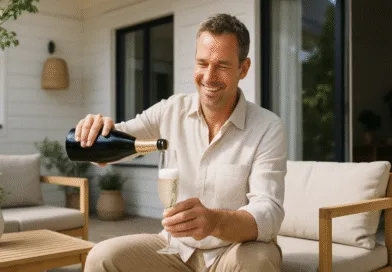 Midcent: En medelålders man i avslappnad miljö häller champagne i ett glas på en solig uteplats. Ljusa trä- och rottingmöbler omger honom, medan han ler glatt. Utomhusliv och njutning. Kategori: Underhållning.