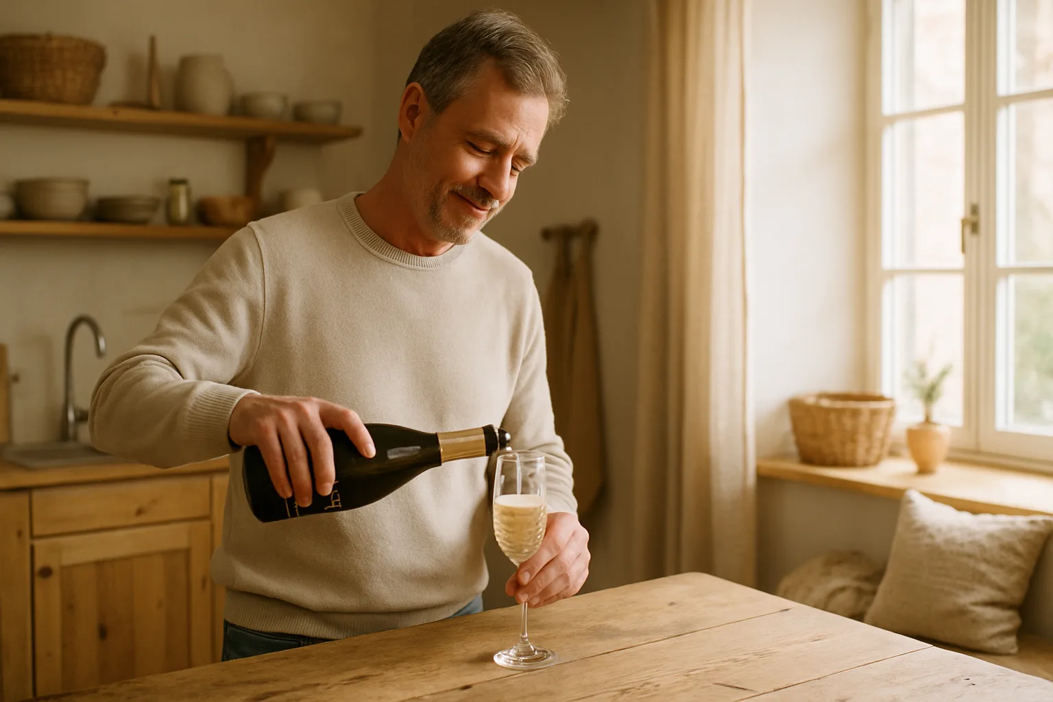 En medelålders man häller champagne i ett glas i ett mysigt kök. Varmt ljus från fönstret skapar en avslappnad atmosfär. En känsla av hemmets lugn. Midcent Mat.