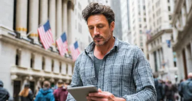 En medelålders man använder en surfplatta på Wall Street, omgiven av stadens liv och rörelse. Fokuserad på sin enhet, reflekterar han den moderna arbetskulturen. Midcent erbjuder insikter om affärstrender och teknik. Kategori: Ekonomi.