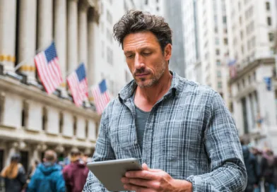 En medelålders man använder en surfplatta på Wall Street, omgiven av stadens liv och rörelse. Fokuserad på sin enhet, reflekterar han den moderna arbetskulturen. Midcent erbjuder insikter om affärstrender och teknik. Kategori: Ekonomi.