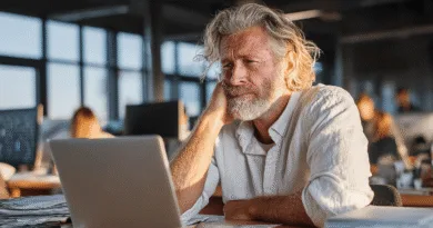 Midcent: En medelålders man som ser fundersam ut vid en dator, omgiven av kontorsmiljö och dagsljus. Perfekt framställning av arbetslivets utmaningar och koncentration. Kategori: Ekonomi.