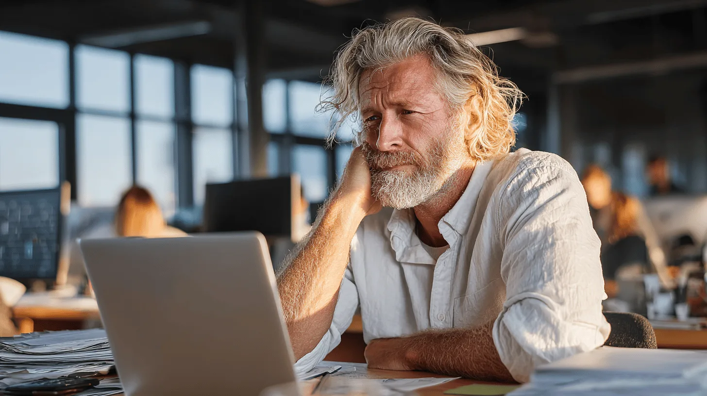 Midcent: En medelålders man som ser fundersam ut vid en dator, omgiven av kontorsmiljö och dagsljus. Perfekt framställning av arbetslivets utmaningar och koncentration. Kategori: Ekonomi.