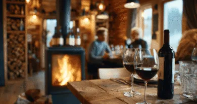 Midcent presenterar en mysig stugmiljö med värmande brasa och vinflaskor på träbord. Perfekt för avkoppling i naturskön atmosfär. Unik upplevelse för alla vinälskare och inredningsentusiaster. En medelålders man i bakgrunden