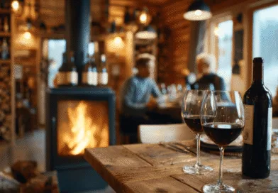 Midcent presenterar en mysig stugmiljö med värmande brasa och vinflaskor på träbord. Perfekt för avkoppling i naturskön atmosfär. Unik upplevelse för alla vinälskare och inredningsentusiaster. En medelålders man i bakgrunden