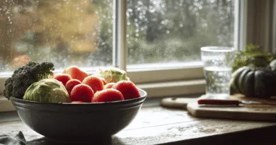 Midcent: En fräsch skål med grönsaker, inklusive broccolikål och plommontomater, står vid ett fönster, perfekt för en hälsosam livsstil. Regndroppar på glaset ger en mysig atmosfär. Mat.