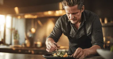 Midcent: En medelålders man fokuserar intensivt på att laga en gourmetmåltid i ett modernt kök, med kvalitetsingredienser och kreativ presentation. Mat.