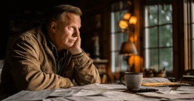 Midcent: En medelålders man sitter vid ett bord med papper och en kaffekopp, betraktar tankfullt landskapet utanför fönstret. Den mysiga atmosfären framhävs av mjukt ljus och rustik inredning. Kategori: Samhälle.