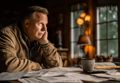 Midcent: En medelålders man sitter vid ett bord med papper och en kaffekopp, betraktar tankfullt landskapet utanför fönstret. Den mysiga atmosfären framhävs av mjukt ljus och rustik inredning. Kategori: Samhälle.