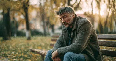 Midcent: En medelålders man sitter eftertänksamt på en parkbänk omgiven av höstlöv, en symbol för reflektion och introspektion i livets olika skeden. Samhälle.