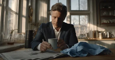 Midcent: En medelålders man sitter vid ett köksbord, omgiven av morgonljus. Han håller en kaffekopp och tidningar ligger