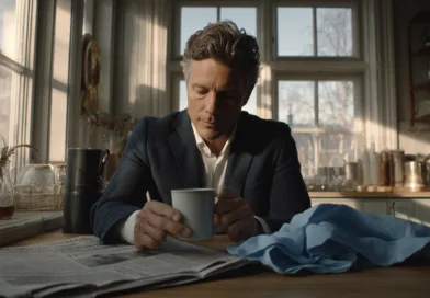 Midcent: En medelålders man sitter vid ett köksbord, omgiven av morgonljus. Han håller en kaffekopp och tidningar ligger