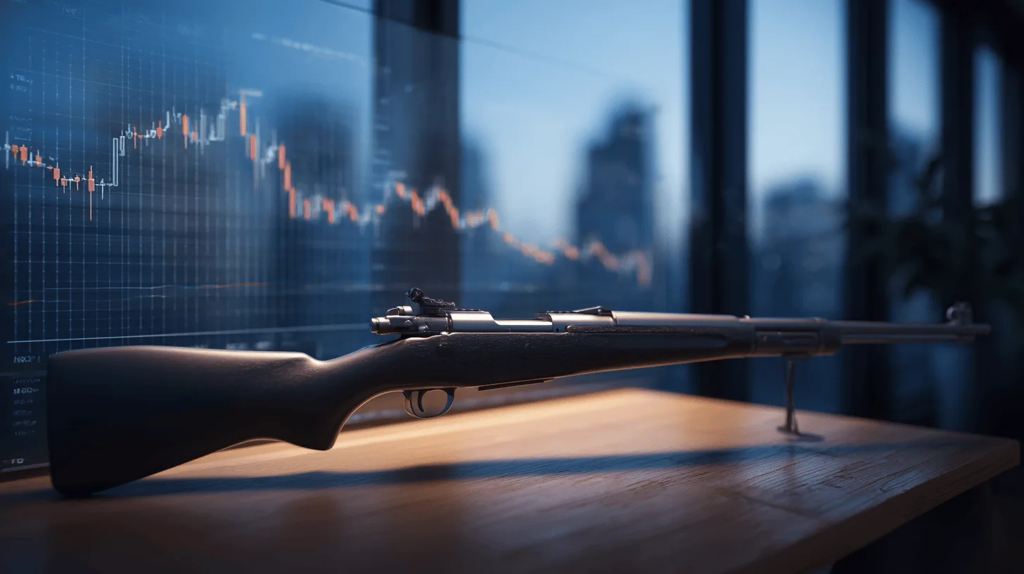 Midcent: En gevär placerat framför en digital aktiegraf representerar kontrasten mellan vapen och finansmarknader. Skapar en intensiv visuell koppling mellan investering och säkerhetsbranscher. Ekonomi.