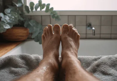 Midcent: En person njuter av en avkopplande stund i badkaret, omgiven av gröna växter och mjuka handdukar. Ett perfekt sätt att koppla av och återhämta sig från dagens stress. Kategori: Hälsa.