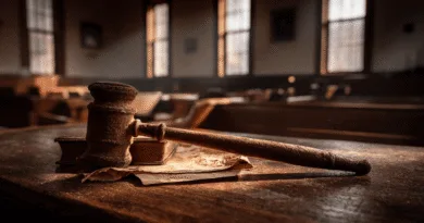 Midcent: En gammal domstolssal fångas i historisk charm med en välanvänd domarklubba på ett träbord, omgiven av dokument och tystnad. Ljuset flödar in genom stora fönster och skapar en tidlös atmosfär. Kategori: Samhälle.