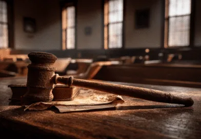 Midcent: En gammal domstolssal fångas i historisk charm med en välanvänd domarklubba på ett träbord, omgiven av dokument och tystnad. Ljuset flödar in genom stora fönster och skapar en tidlös atmosfär. Kategori: Samhälle.