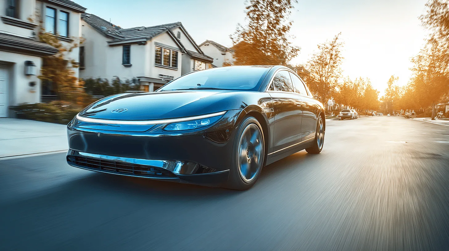 Midcent presenterar en futuristisk elbil på en solig gata i förorten. Den blanka karossen och moderna designen fångar framtidens bilteknologi och hållbarhet. Perfekt för den miljömedvetna bilisten. Kategori: Teknik.