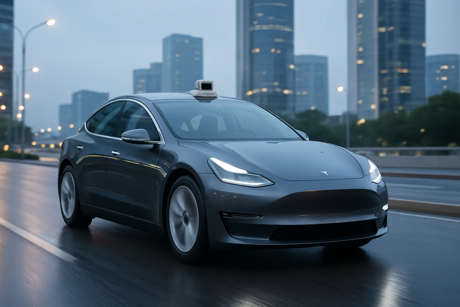 Midcent: En modern elbil kör på en regnvåt stadsgata bland höga byggnader, vilket symboliserar teknikens framsteg och hållbar stadsutveckling. Teknik.