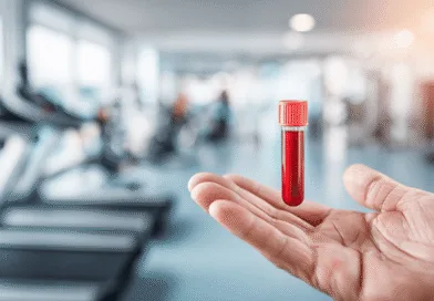 Mitt i bilden visas en hand som balanserar ett provrör med rött blod i en modern, oskarp gymmiljö. Midcent, Hälsa.