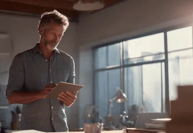 Midcent presenterar en medelålders man i ett modernt kontor som använder en surfplatta. Solbelyst inredning skapar en produktiv atmosfär. Perfekt för artiklar om teknikens inverkan på arbetslivet och digitala verktyg. Kategori: Teknik.