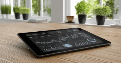 En surfplatta på ett träbord, visar komplexa finansdiagram i ett ljust kontorsutrymme med gröna växter i bakgrunden. Perfekt för analys och visualisering av data.Midcent. Kategori: Ekonomi.