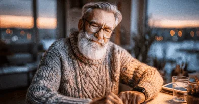 Midcent: En medelålders man sitter vid ett bord i ett mysigt hem, klädd i en stickad tröja. Utanför fönstret syns en vacker solnedgång. Kategori: Samhälle.