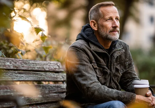 Midcent: En medelålders man sitter på en bänk med kaffe i handen, omgiven av höstlöv och mjukt solljus, vilket skapar en lugn och eftertänksam atmosfär. Natur och reflektion. Kategori: Samhälle.