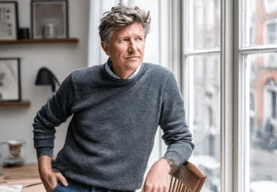 Midcent föreställer en medelålders man klädd i grå tröja, som blickar ut genom ett stort fönster. Bakgrunden visar ett stilrent kontor med trähyllor. Miljön ger ett intryck av lugn och reflektion. Teknik.