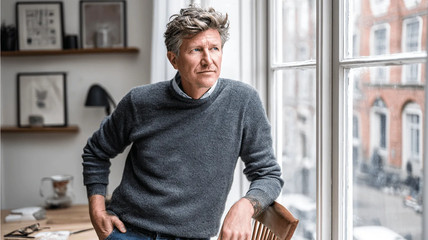 Midcent föreställer en medelålders man klädd i grå tröja, som blickar ut genom ett stort fönster. Bakgrunden visar ett stilrent kontor med trähyllor. Miljön ger ett intryck av lugn och reflektion. Teknik.