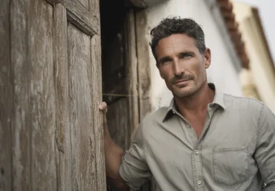 Midcent: En vuxen man står framför en gammal dörr, vilket skapar en känsla av historia och stil. Perfekt för artiklar om mode, inredning eller livsstil. Kategori: Samhälle.