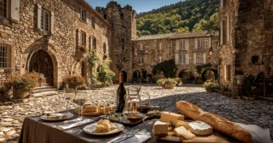Midcent: En pittoresk medeltida gård med stenhus i Frankrike. Ett bord är dukat med vin, ost och baguette, omgiven av soliga blommor och historiska byggnader. Perfekt för en kulinarisk resa. Kategori: Resa.