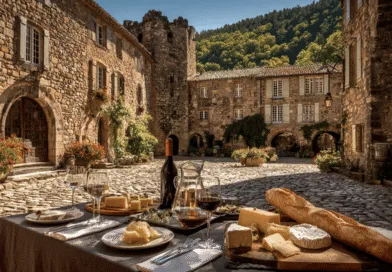 Midcent: En pittoresk medeltida gård med stenhus i Frankrike. Ett bord är dukat med vin, ost och baguette, omgiven av soliga blommor och historiska byggnader. Perfekt för en kulinarisk resa. Kategori: Resa.