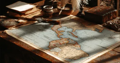 Midcent: Antika sjökort, gamla böcker och mässingsverktyg på ett historiskt skrivbord. Attraktivt för historieentusiaster och resenärer intresserade av upptäcktsresor och traditionell navigation. Inspirerar till äventyr och utforskande av världens kartor. Kategori