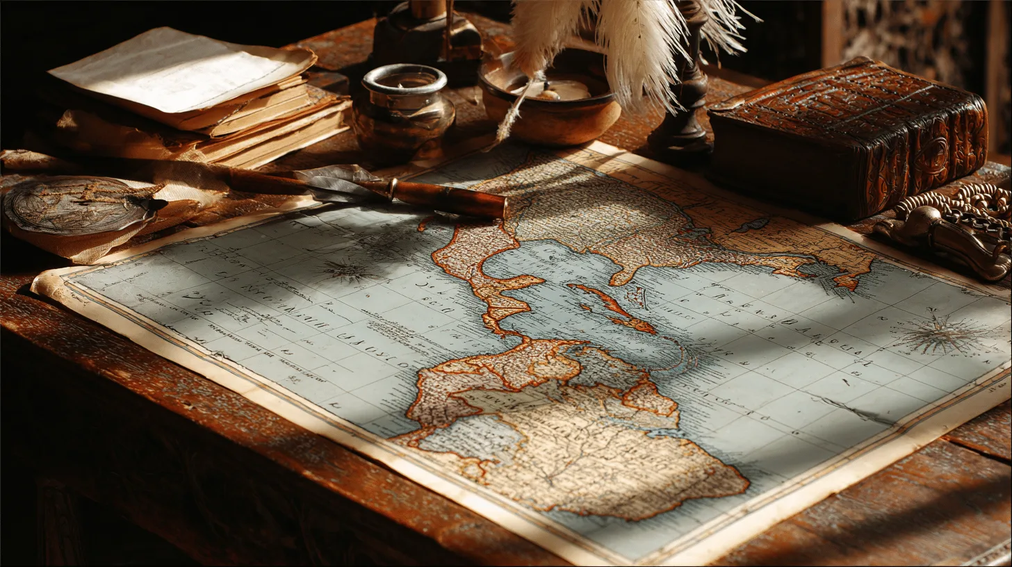 Midcent: Antika sjökort, gamla böcker och mässingsverktyg på ett historiskt skrivbord. Attraktivt för historieentusiaster och resenärer intresserade av upptäcktsresor och traditionell navigation. Inspirerar till äventyr och utforskande av världens kartor. Kategori