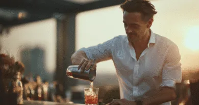 Midcent: En medelålders man klädd i vit skjorta blandar cocktail på en utomhusbar i solnedgången, vilket skapar en elegant atmosfär för socialt umgänge. Mat.