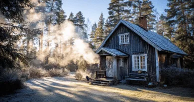 Midcent: En charmig, traditionell timmerstuga omgiven av skog och morgondimma. Perfekt illustration av svensk landsbygd och dess rofyllda natur, med solstrålar som sträcker sig över gräsmattan. Kategori: Resa.