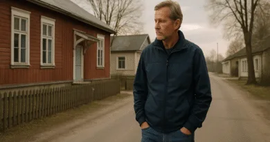 En medelålders man går längs en landsväg i en lugn by. Omgivningen präglas av traditionella träbyggnader och en avkopplande atmosfär. Perfekt för dem som söker ro och enkelhet. Midcent - Samhälle.